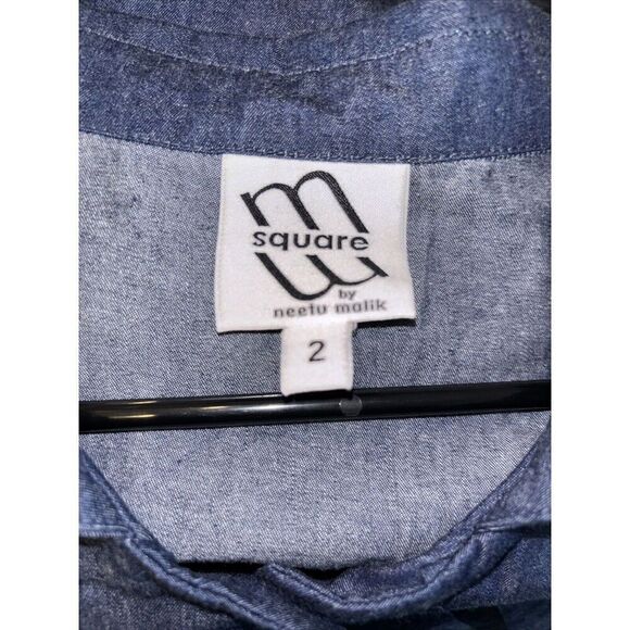 M Square By Neetu Malik Shirt Jacket 2X Button Cotton Blue Asymmetrical Hem Trim - Picture 4 of 8